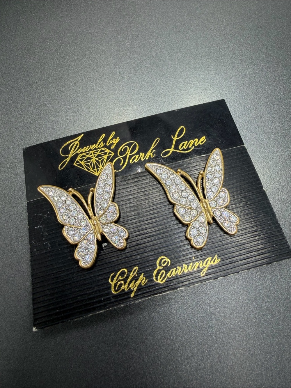 Vintage Gold Butterfly Crystal Clip-On Earrings Parklane #350SE